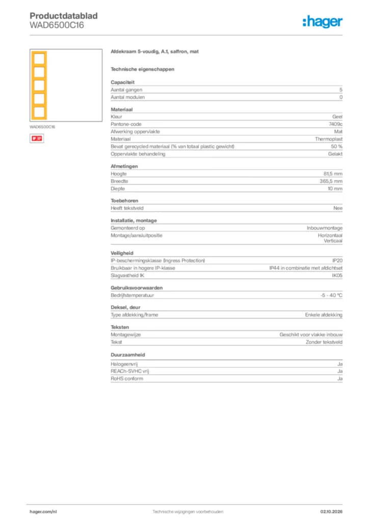 Afbeelding Hager Productdatablad WAD6500C16 | Hager Nederland