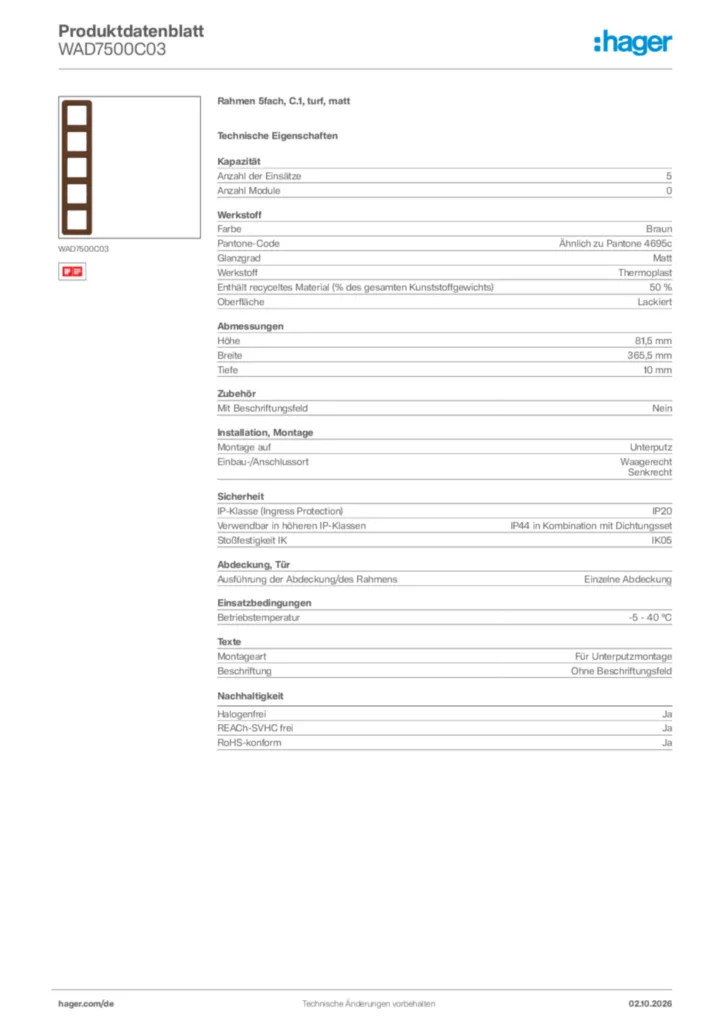 Bild Hager Produktdatenblatt WAD7500C03 | Hager Deutschland