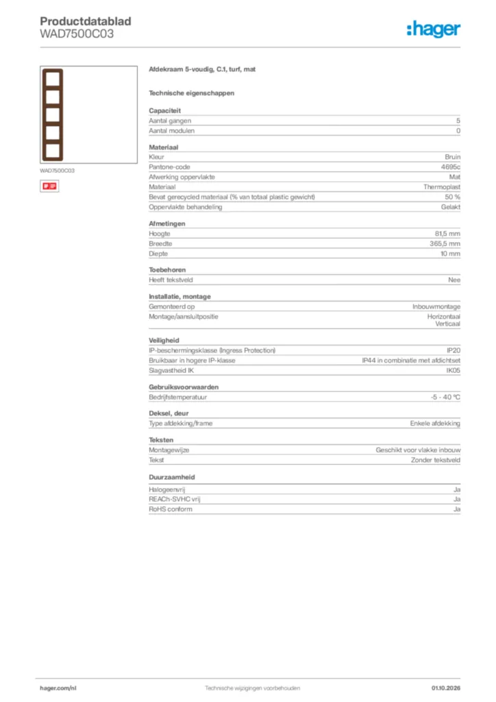 Afbeelding Hager Productdatablad WAD7500C03 | Hager Nederland