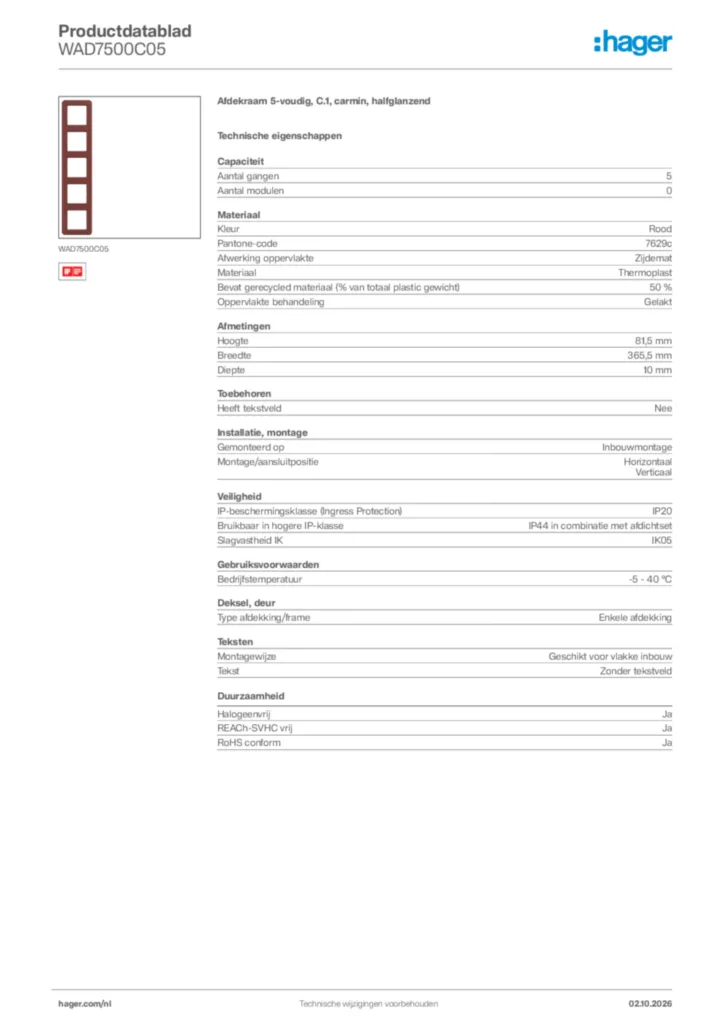 Afbeelding Hager Productdatablad WAD7500C05 | Hager Nederland
