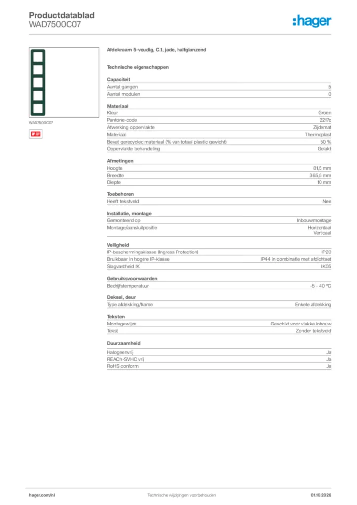 Afbeelding Hager Productdatablad WAD7500C07 | Hager Nederland