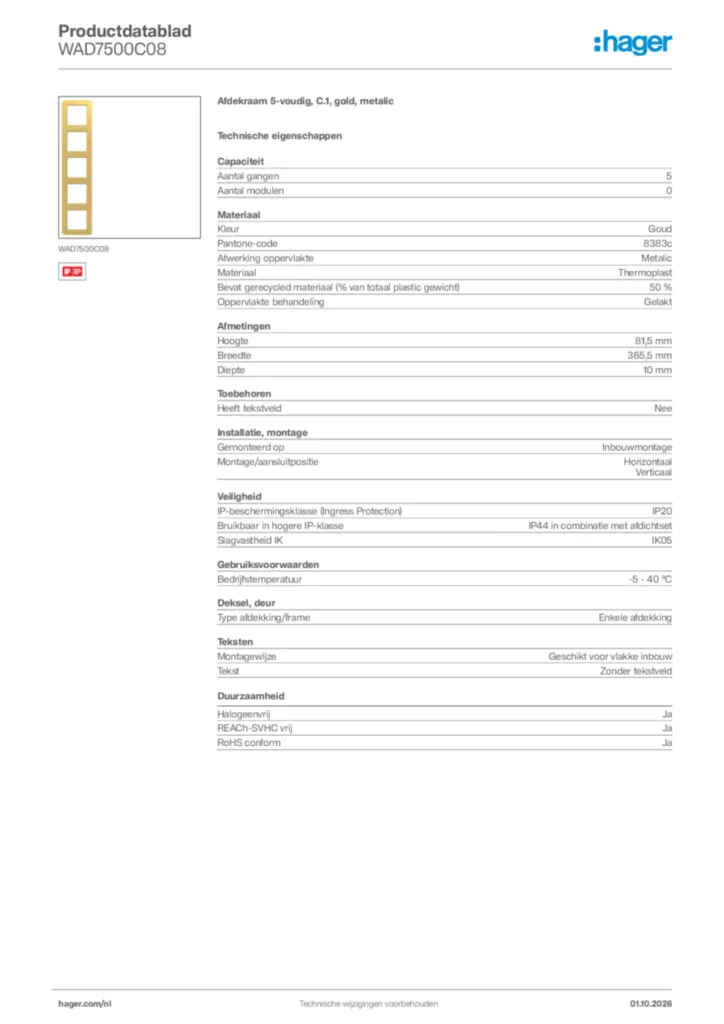 Afbeelding Hager Productdatablad WAD7500C08 | Hager Nederland
