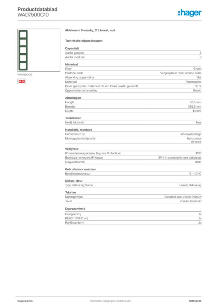 Afbeelding Hager Productdatablad WAD7500C10 | Hager Nederland