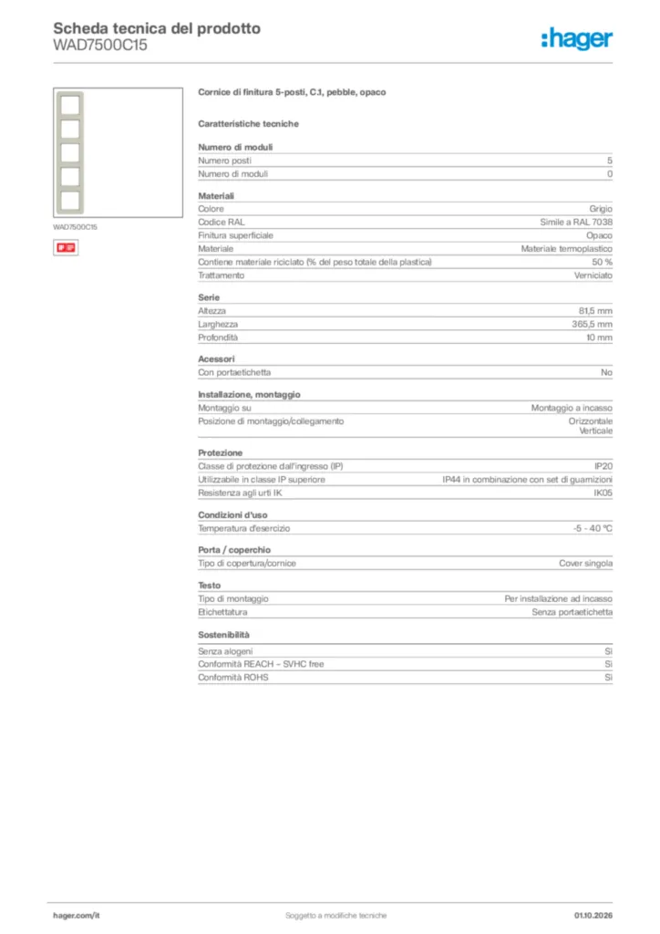 Immagine Hager Scheda tecnica del prodotto WAD7500C15 | Hager Italia