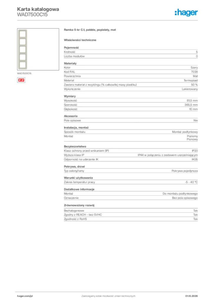 Zdjęcie Hager Karta katalogowa WAD7500C15 | Hager Polska
