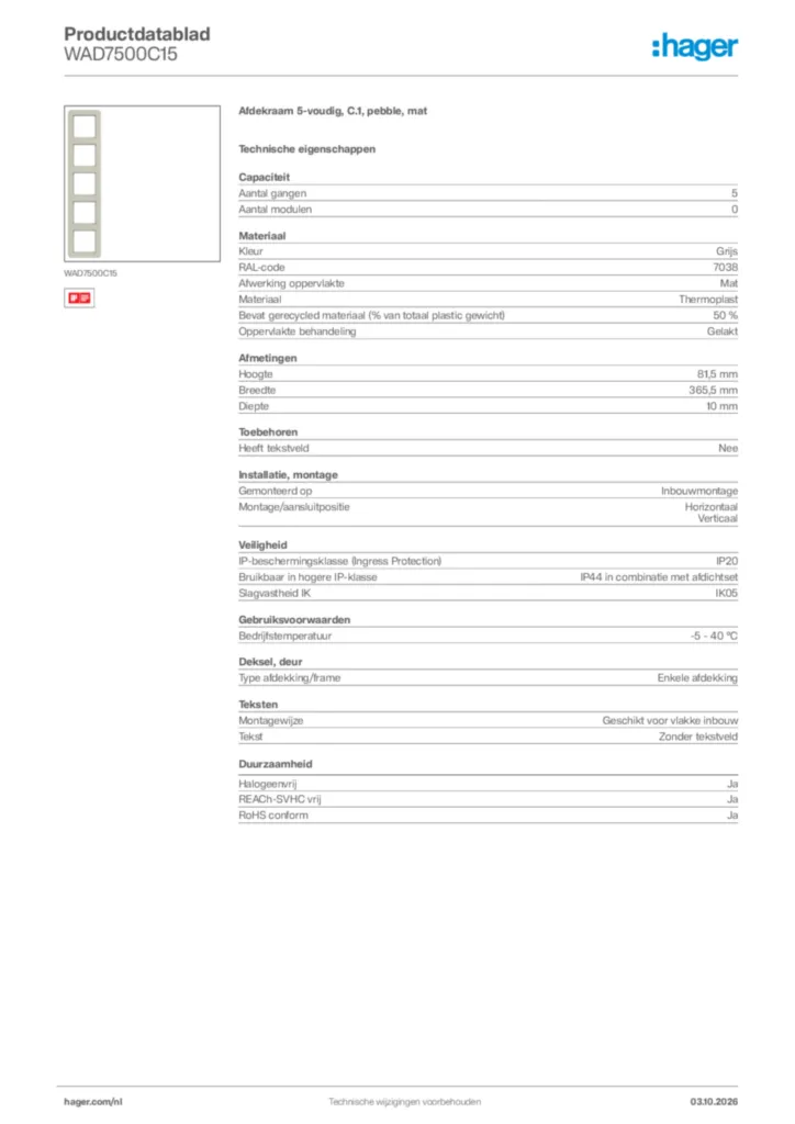 Afbeelding Hager Productdatablad WAD7500C15 | Hager Nederland