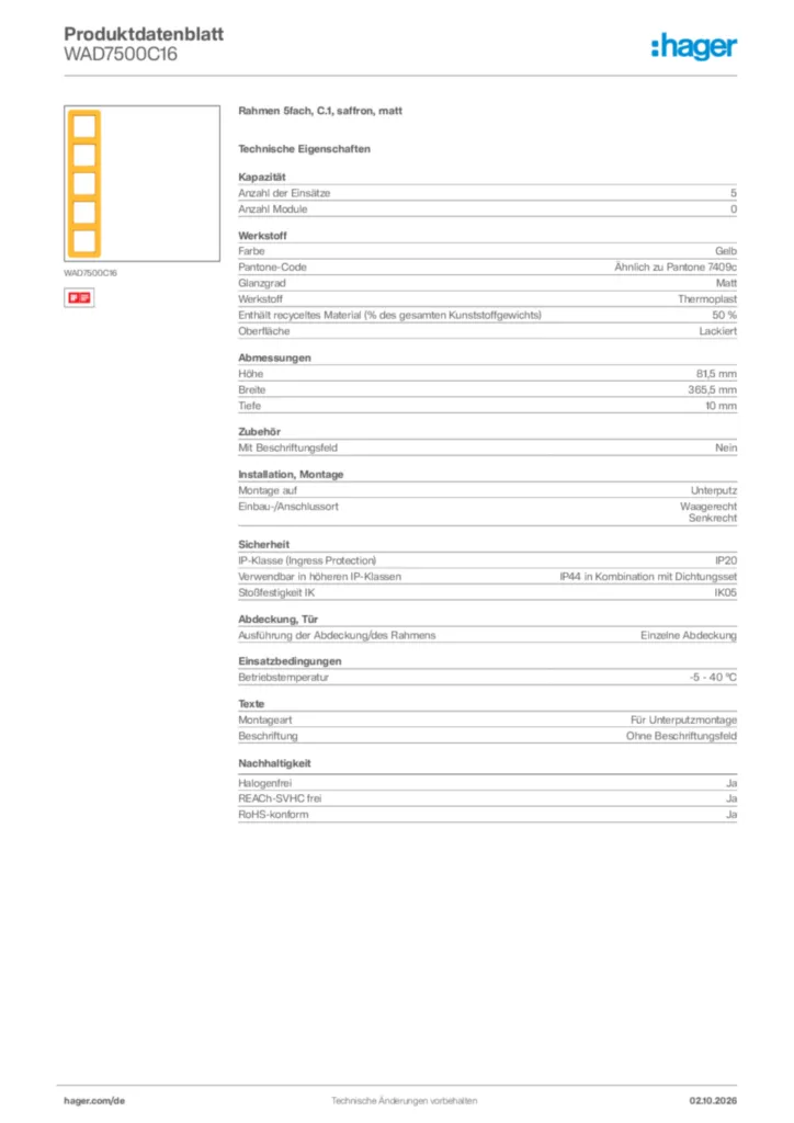Bild Hager Produktdatenblatt WAD7500C16 | Hager Deutschland