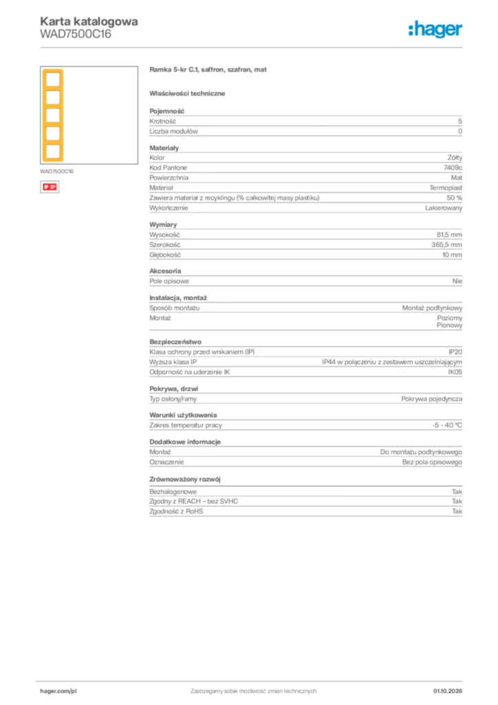 Zdjęcie Hager Karta katalogowa WAD7500C16 | Hager Polska