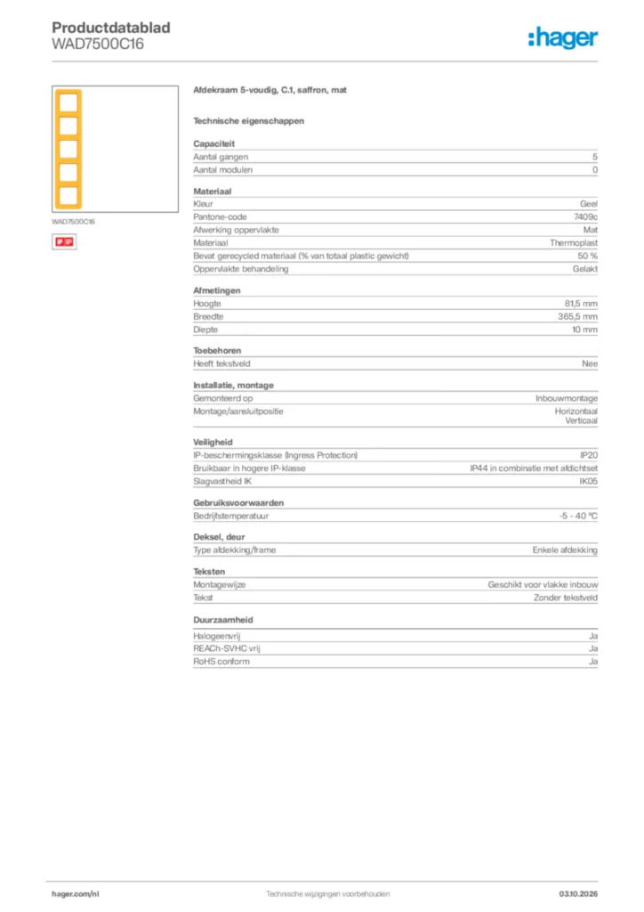 Afbeelding Hager Productdatablad WAD7500C16 | Hager Nederland