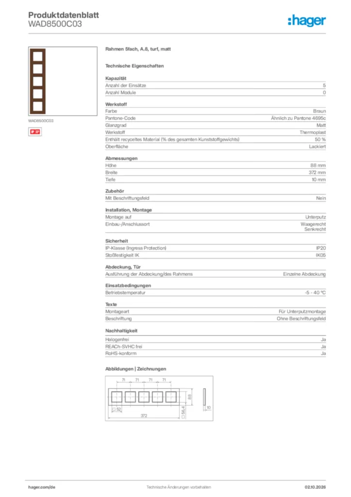 Bild Hager Produktdatenblatt WAD8500C03 | Hager Deutschland