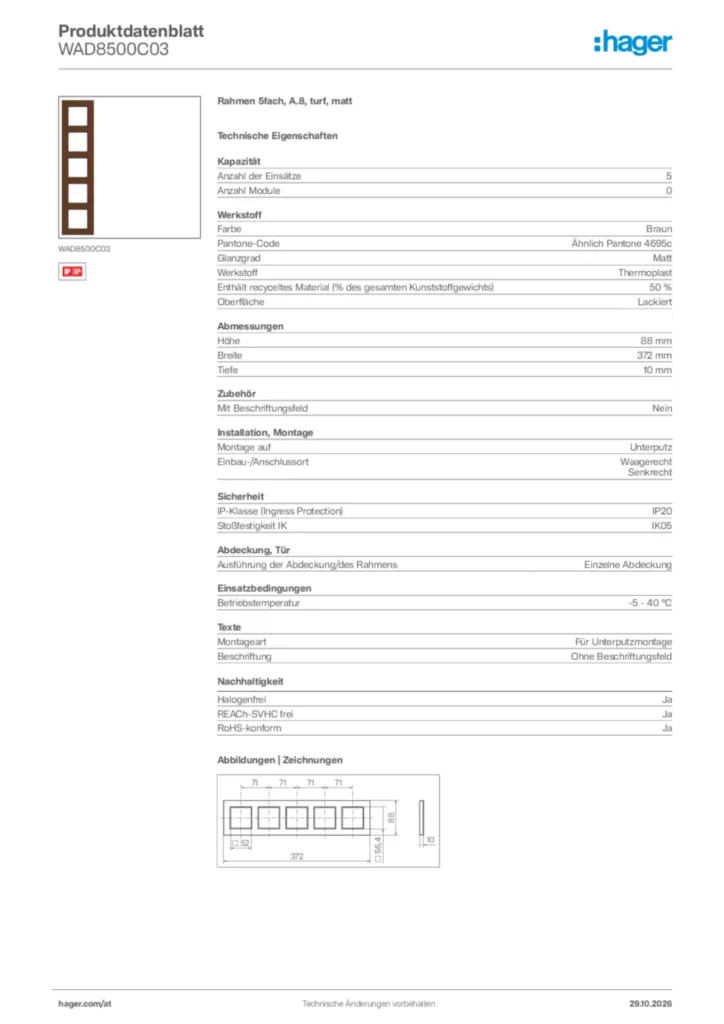 Bild Hager Produktdatenblatt WAD8500C03 | Hager Deutschland