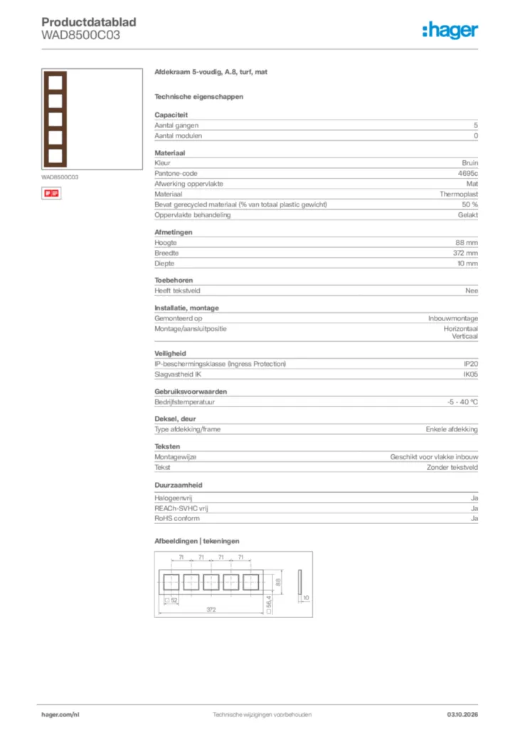 Afbeelding Hager Productdatablad WAD8500C03 | Hager Nederland