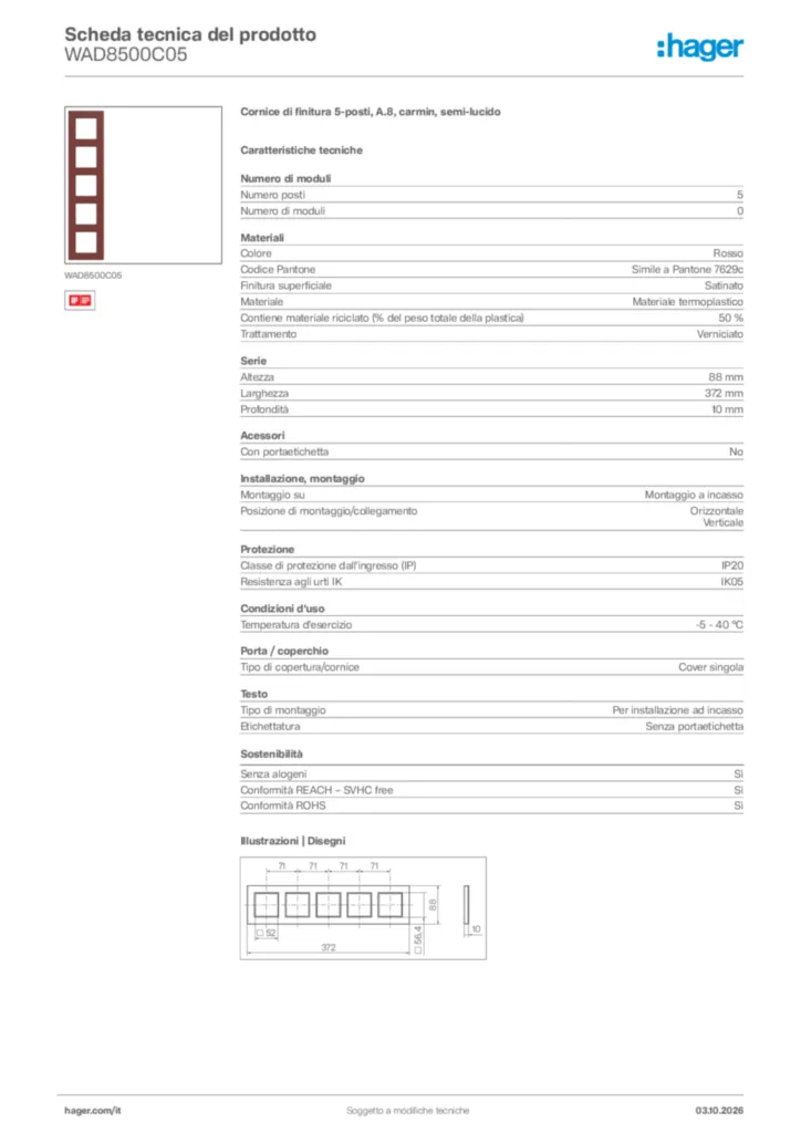 Immagine Hager Scheda tecnica del prodotto WAD8500C05 | Hager Italia