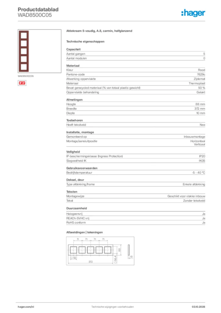 Afbeelding Hager Productdatablad WAD8500C05 | Hager Nederland