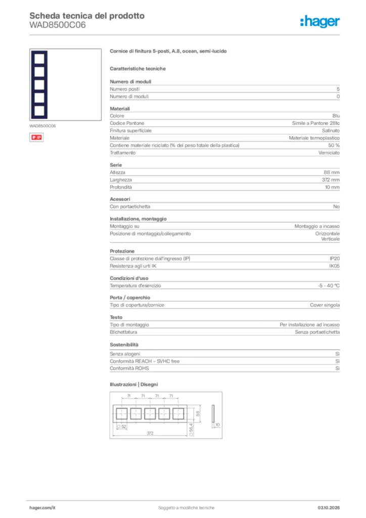 Immagine Hager Scheda tecnica del prodotto WAD8500C06 | Hager Italia