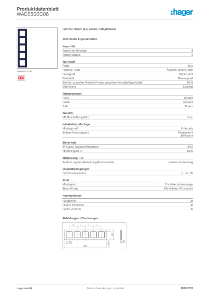 Bild Hager Produktdatenblatt WAD8500C06 | Hager Deutschland