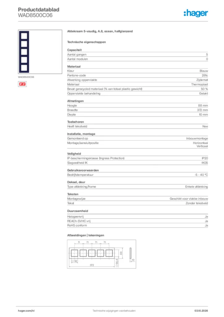 Afbeelding Hager Productdatablad WAD8500C06 | Hager Nederland