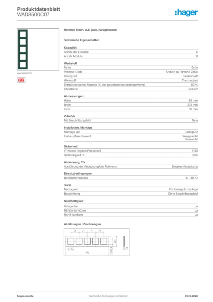Bild Hager Produktdatenblatt WAD8500C07 | Hager Deutschland
