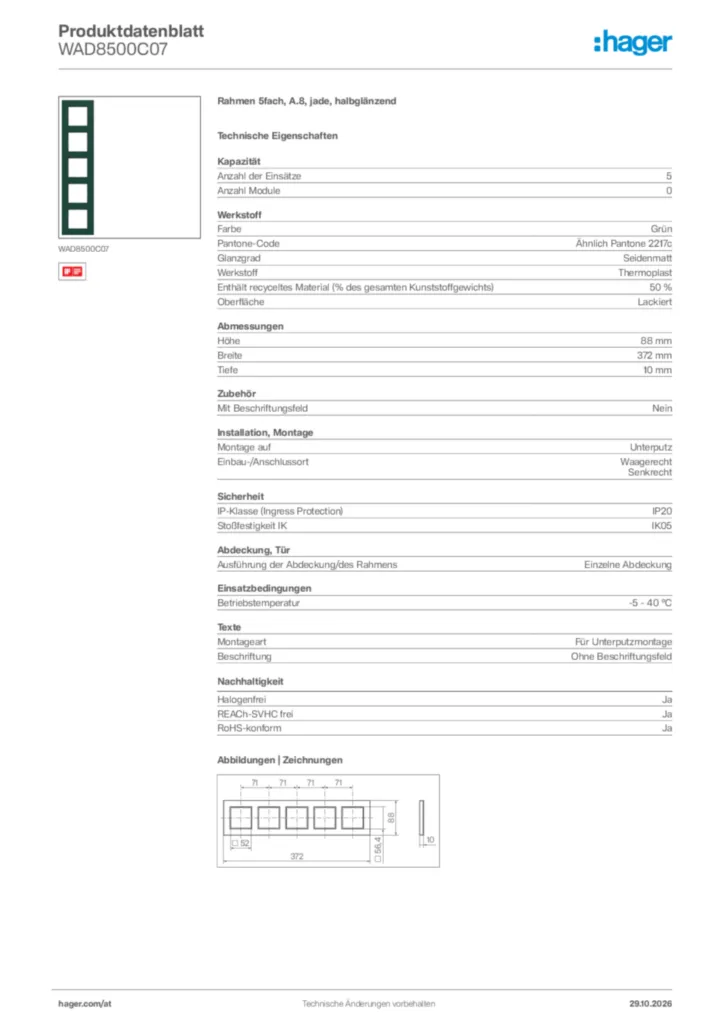 Bild Hager Produktdatenblatt WAD8500C07 | Hager Deutschland