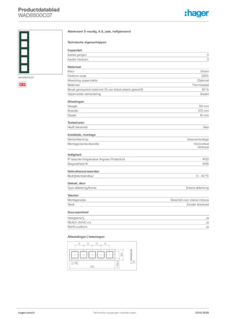 Afbeelding Hager Productdatablad WAD8500C07 | Hager Nederland