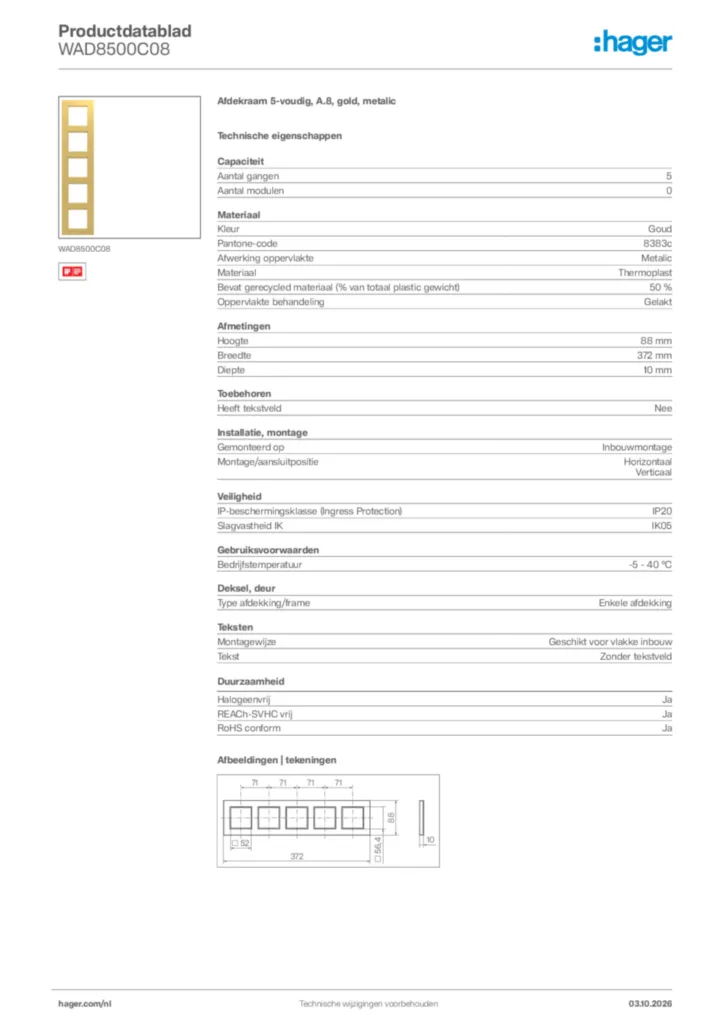 Afbeelding Hager Productdatablad WAD8500C08 | Hager Nederland
