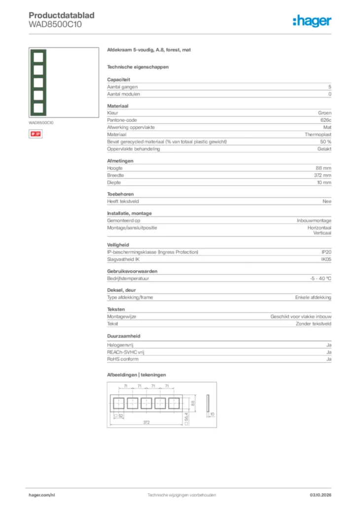 Afbeelding Hager Productdatablad WAD8500C10 | Hager Nederland