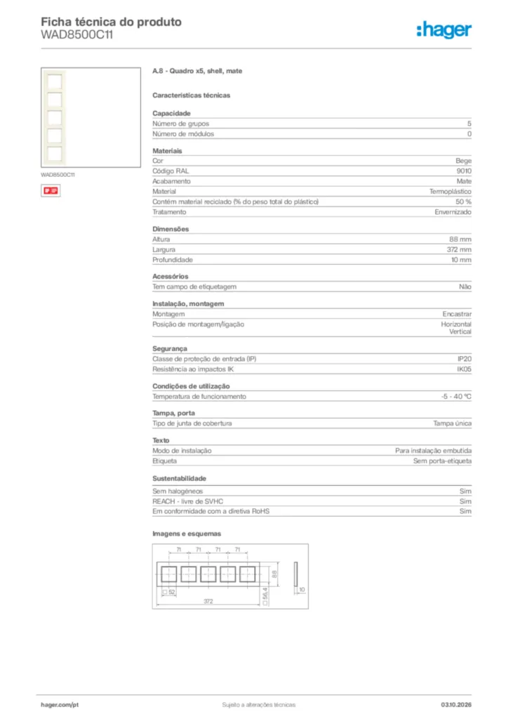 Imagem Hager Ficha técnica do produto WAD8500C11 | Hager Portugal