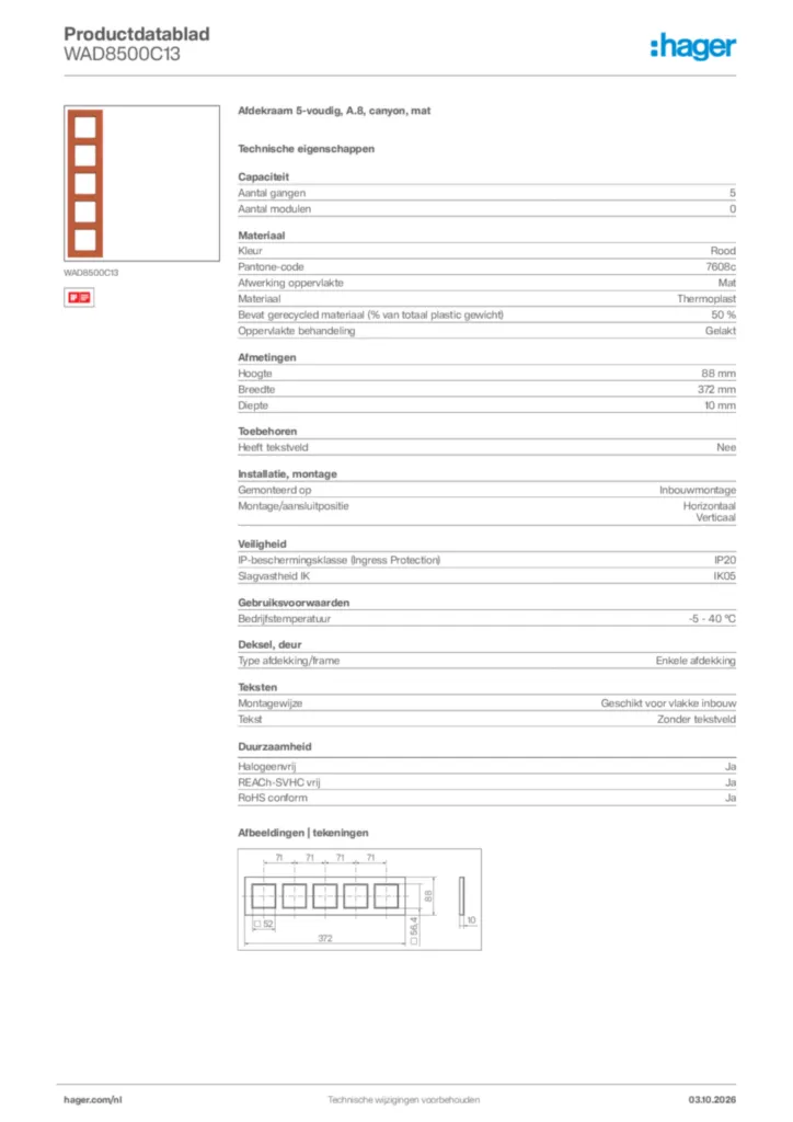 Afbeelding Hager Productdatablad WAD8500C13 | Hager Nederland
