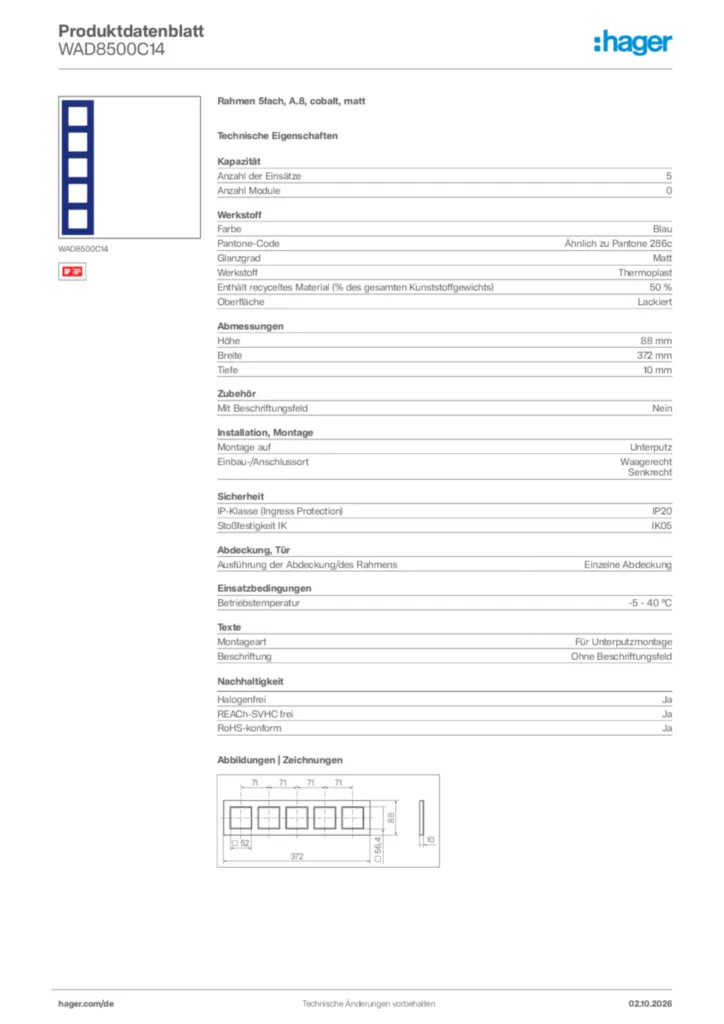 Bild Hager Produktdatenblatt WAD8500C14 | Hager Deutschland
