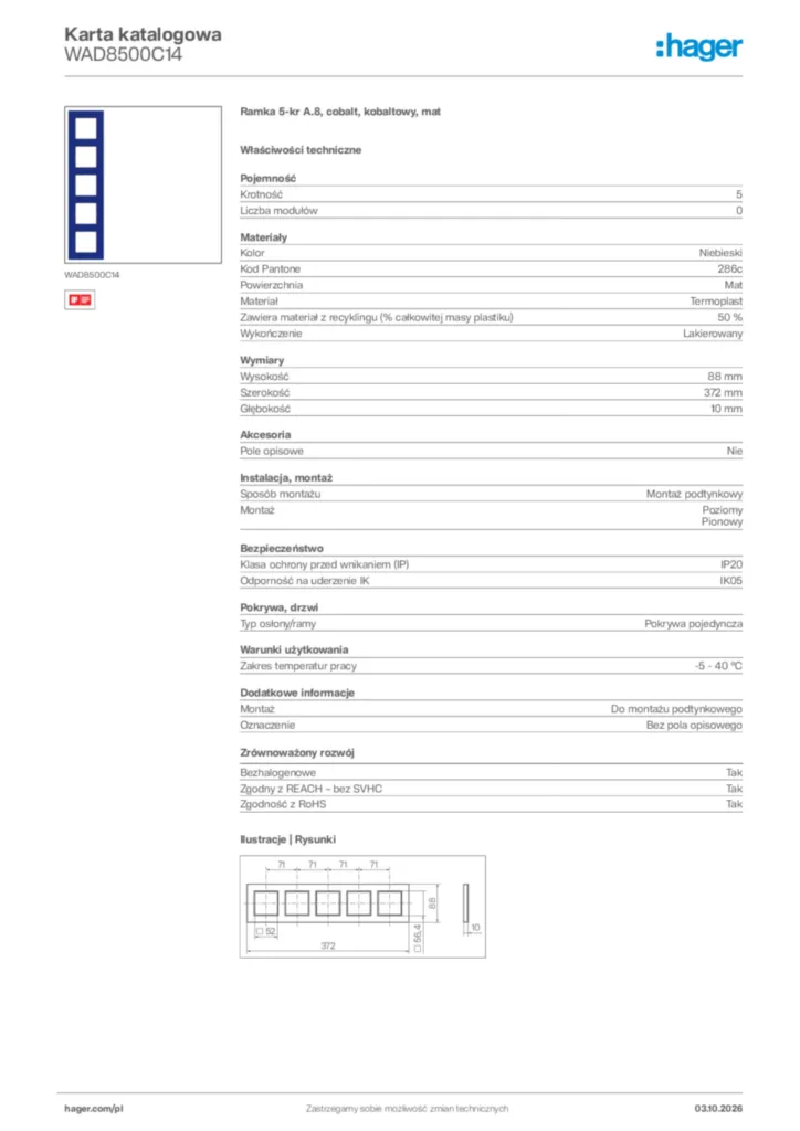 Zdjęcie Hager Karta katalogowa WAD8500C14 | Hager Polska