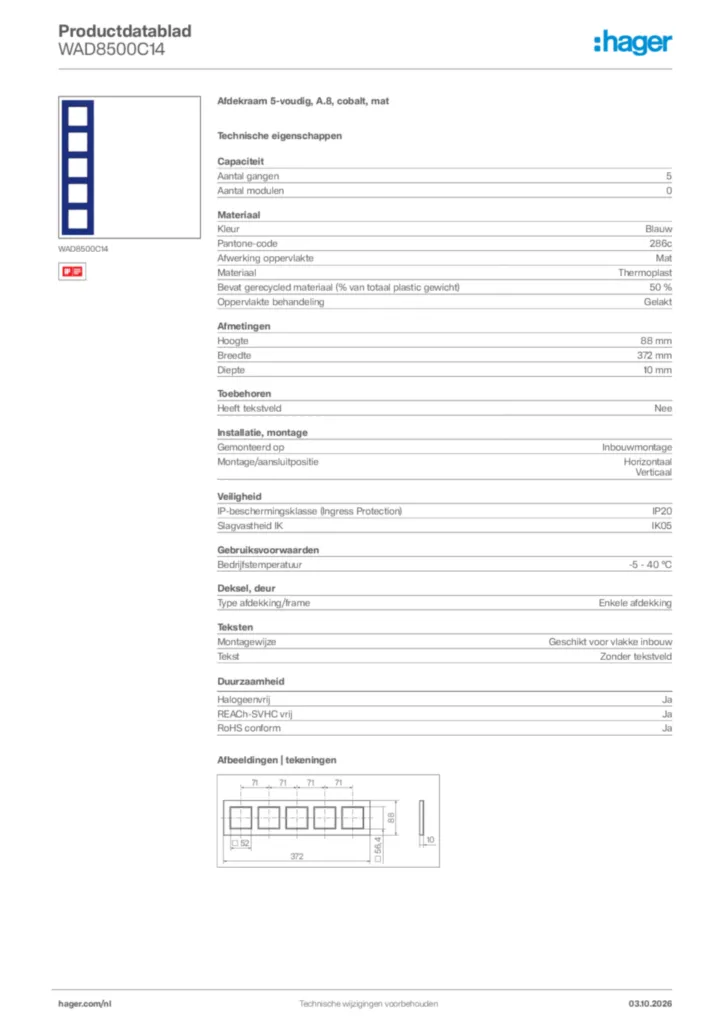 Afbeelding Hager Productdatablad WAD8500C14 | Hager Nederland