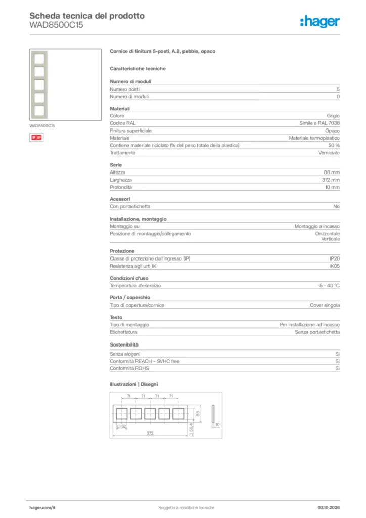 Immagine Hager Scheda tecnica del prodotto WAD8500C15 | Hager Italia