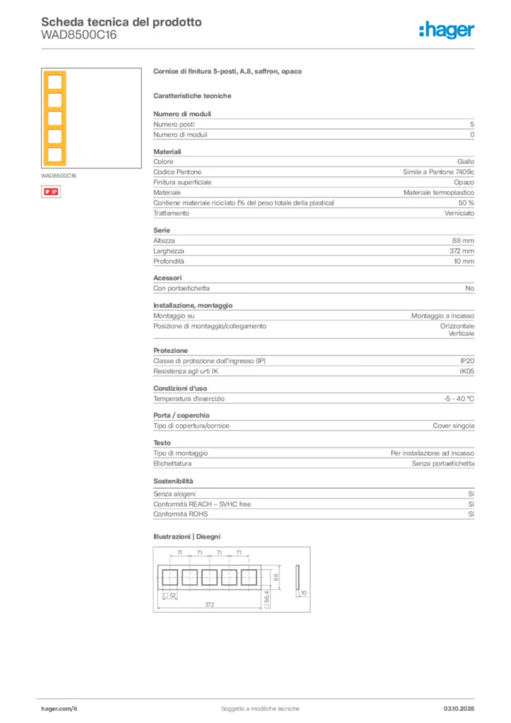 Immagine Hager Scheda tecnica del prodotto WAD8500C16 | Hager Italia