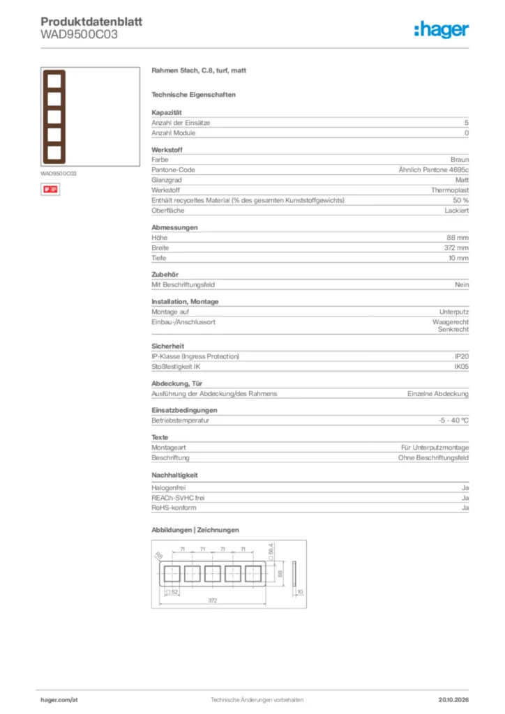 Bild Hager Produktdatenblatt WAD9500C03 | Hager Deutschland