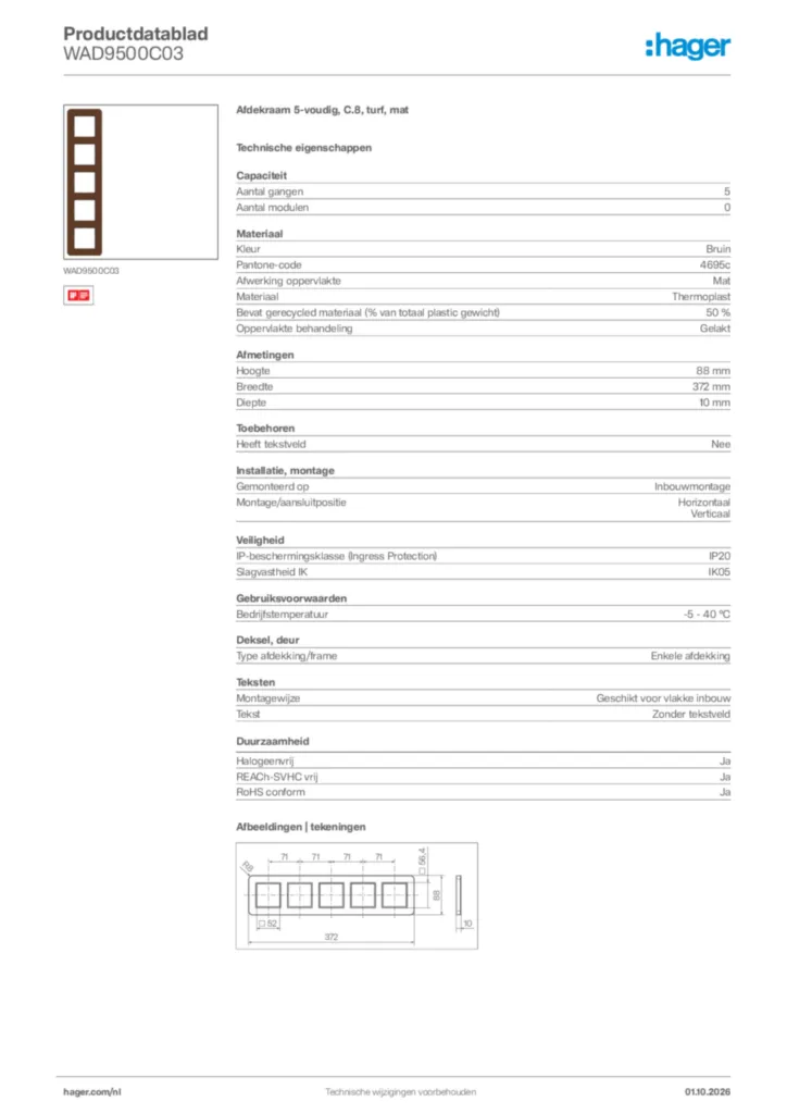 Afbeelding Hager Productdatablad WAD9500C03 | Hager Nederland
