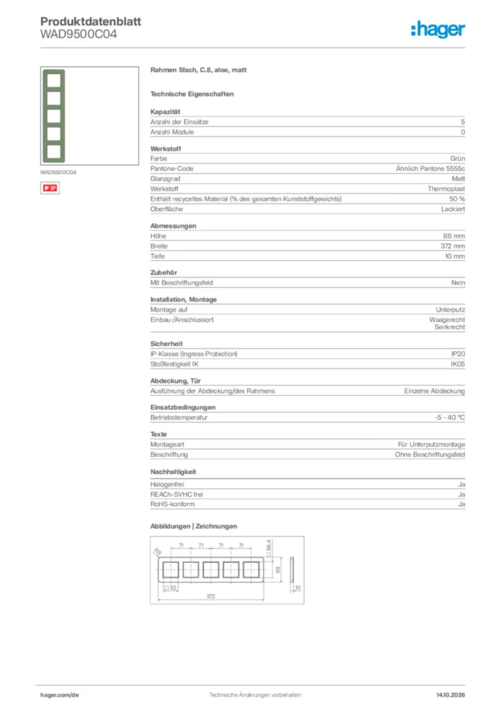 Bild Hager Produktdatenblatt WAD9500C04 | Hager Deutschland