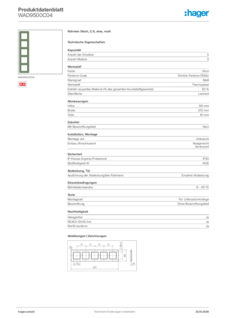 Bild Hager Produktdatenblatt WAD9500C04 | Hager Deutschland