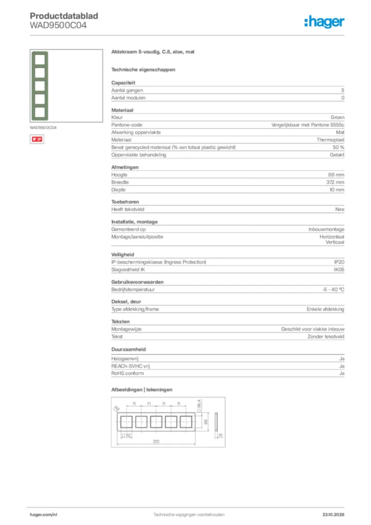 Afbeelding Hager Productdatablad WAD9500C04 | Hager Nederland