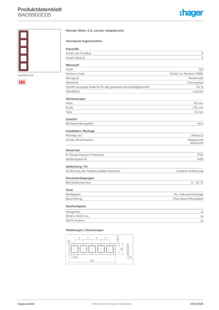 Bild Hager Produktdatenblatt WAD9500C05 | Hager Deutschland