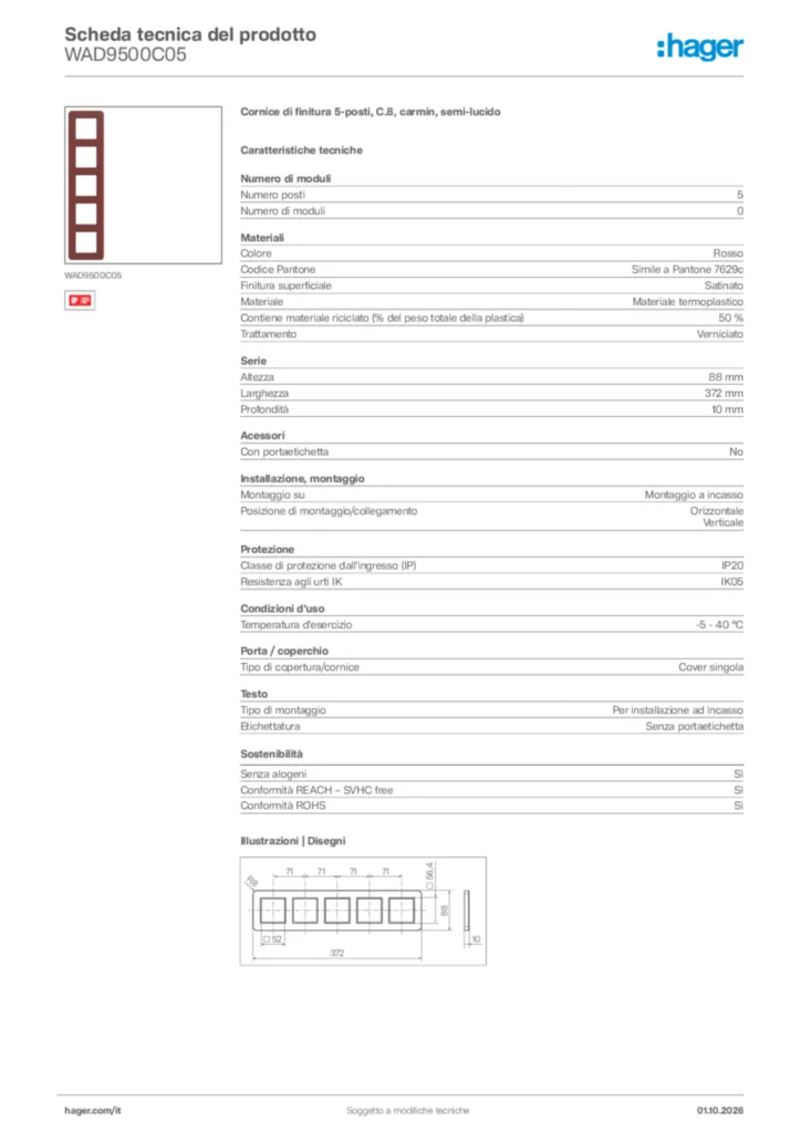 Immagine Hager Scheda tecnica del prodotto WAD9500C05 | Hager Italia