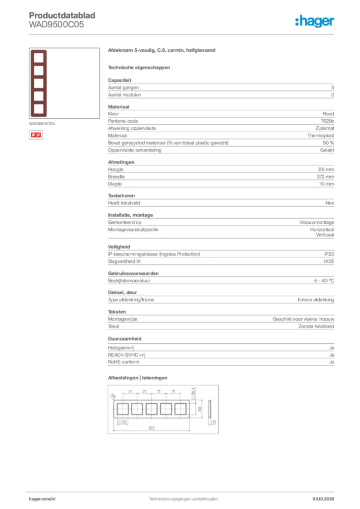 Afbeelding Hager Productdatablad WAD9500C05 | Hager Nederland
