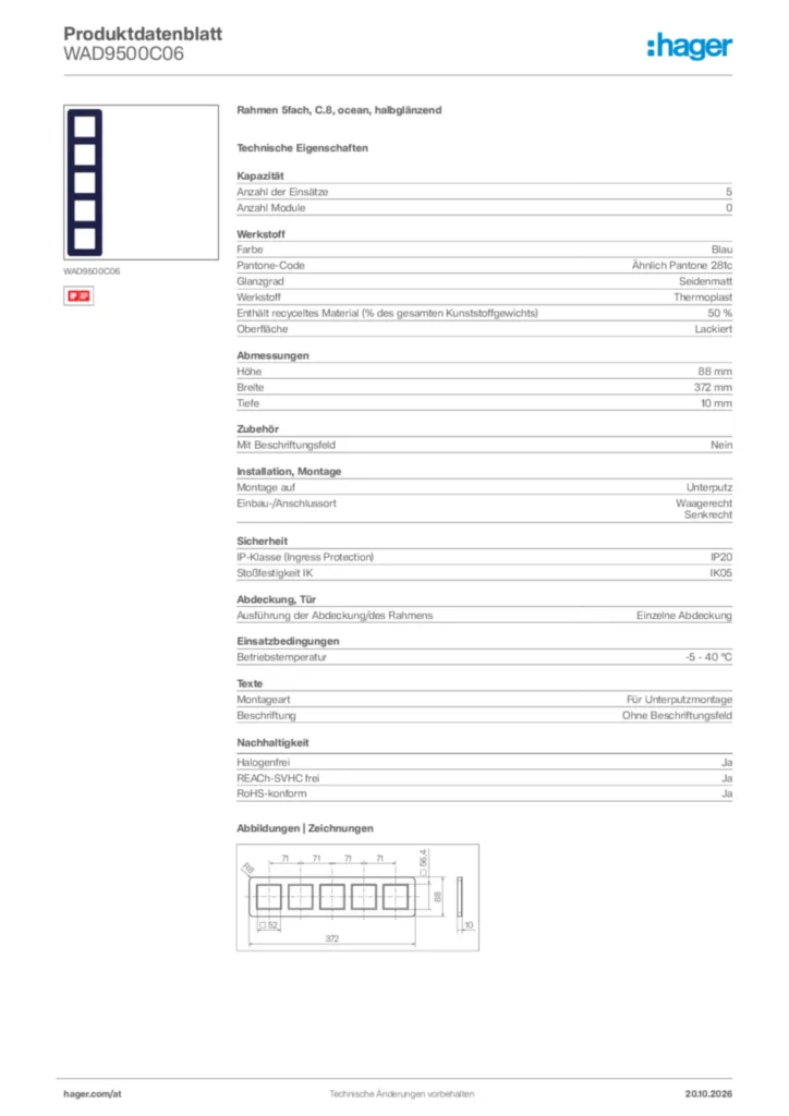 Bild Hager Produktdatenblatt WAD9500C06 | Hager Deutschland