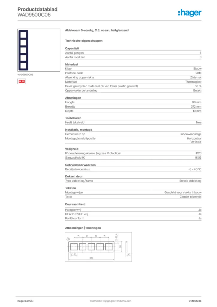 Afbeelding Hager Productdatablad WAD9500C06 | Hager Nederland