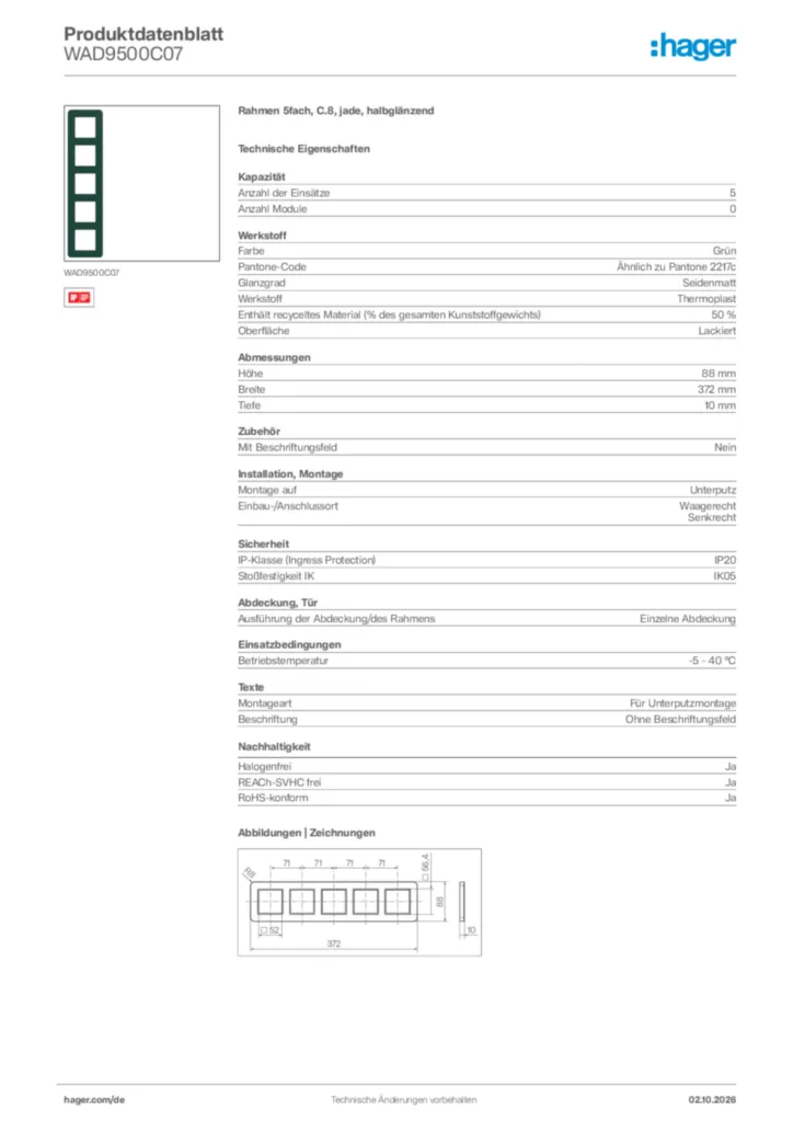 Bild Hager Produktdatenblatt WAD9500C07 | Hager Deutschland