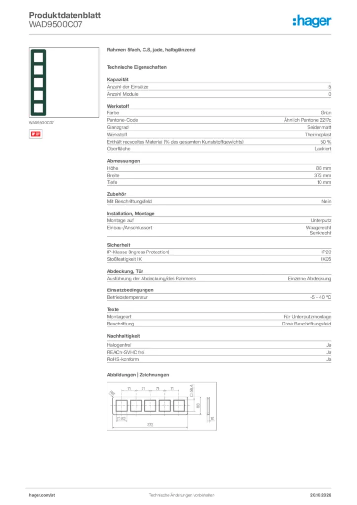 Bild Hager Produktdatenblatt WAD9500C07 | Hager Deutschland