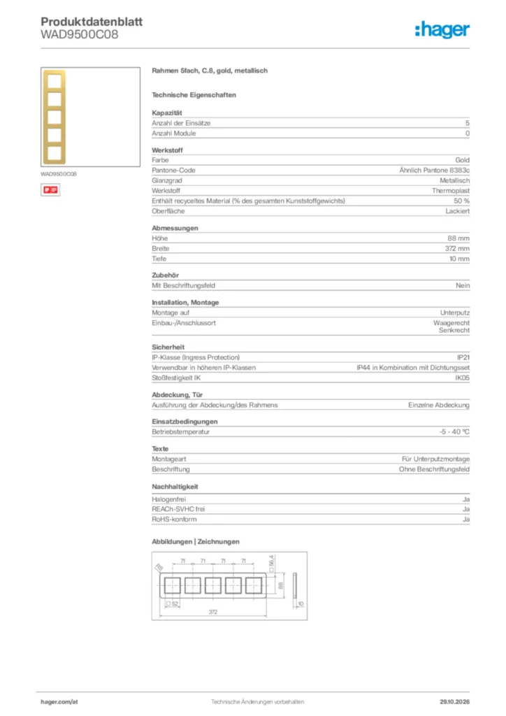 Bild Hager Produktdatenblatt WAD9500C08 | Hager Deutschland