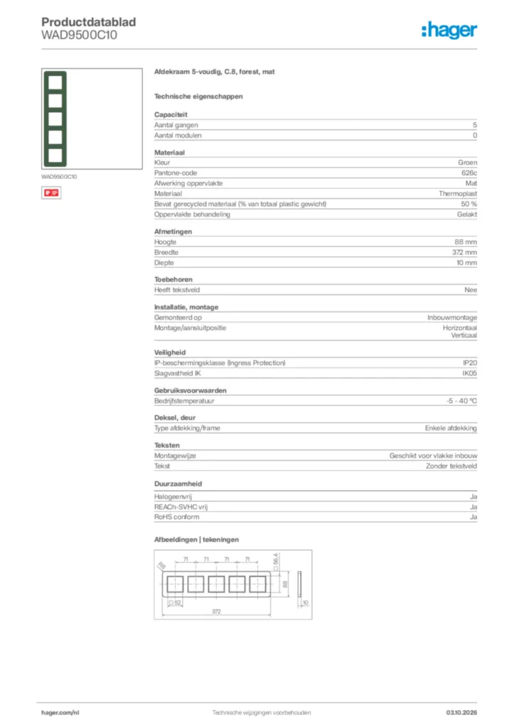 Afbeelding Hager Productdatablad WAD9500C10 | Hager Nederland