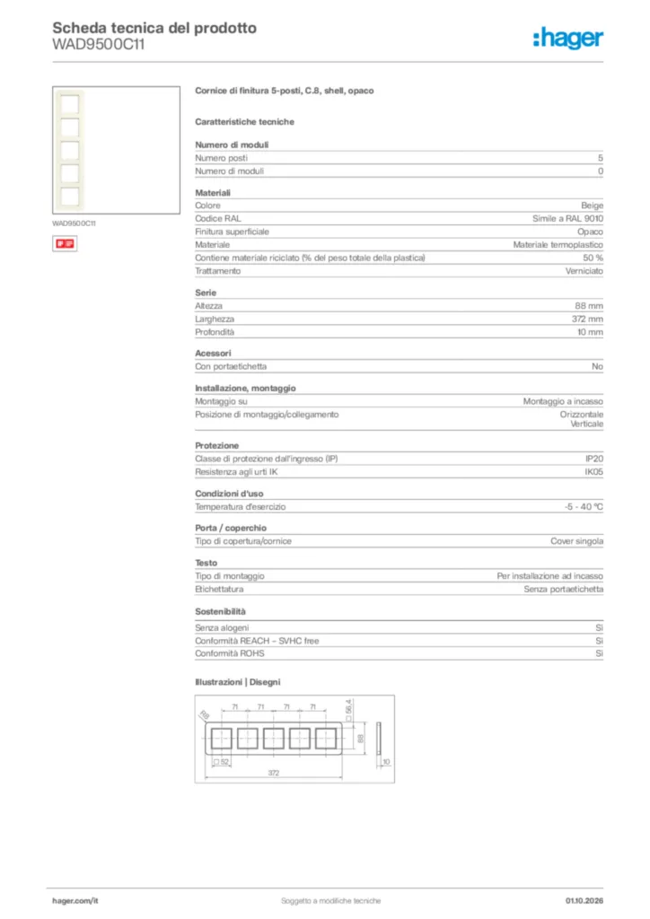 Immagine Hager Scheda tecnica del prodotto WAD9500C11 | Hager Italia
