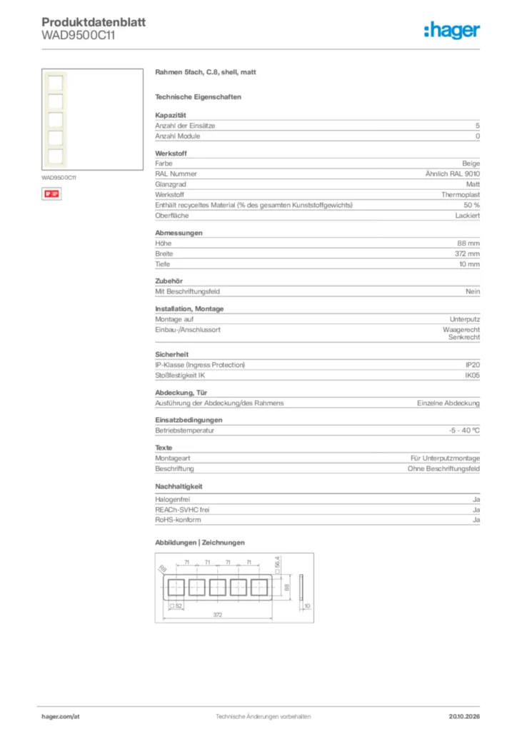 Bild Hager Produktdatenblatt WAD9500C11 | Hager Deutschland