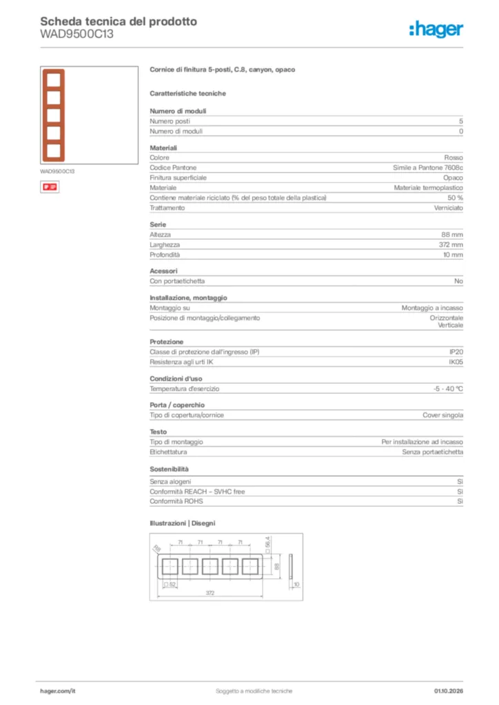 Immagine Hager Scheda tecnica del prodotto WAD9500C13 | Hager Italia